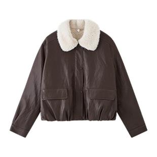 三福厚外套女2025新款冬季保暖加绒皮夹克毛绒翻领上衣女装511706