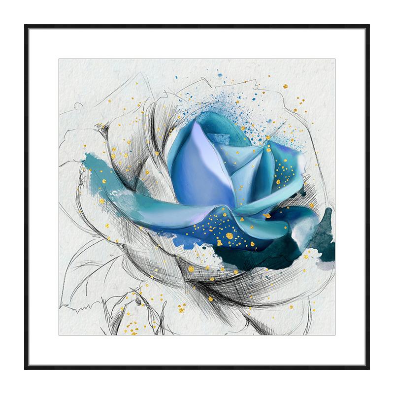 轻奢金箔花朵蓝色美式风装饰画