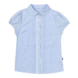 儿童英伦风夏季学生浅蓝格子衬衫女款蕾丝边校服衬衣学院校园园服