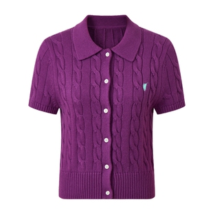 POLOWALK女式短袖针织衫2026春季新品翻领绞花修身显瘦针织开衫