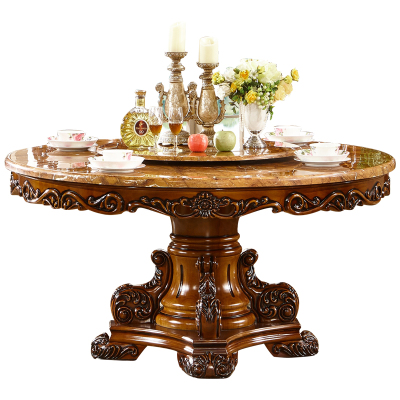 大理石全实木新古典美式转盘餐桌
