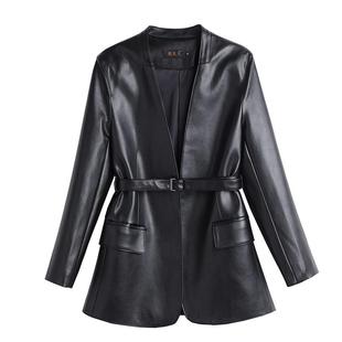 2025春秋新款真皮皮衣女中长款小西服系带收腰风衣绵羊皮夹克外套