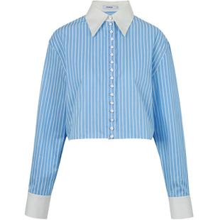 CALVINLUO 纽扣装饰短款衬衣休闲衬衫 新品 白/蓝白