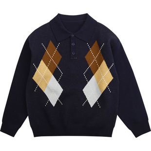 Cunyi纯一良品童装儿童毛衣秋季新品经典菱格翻领落肩针织衫