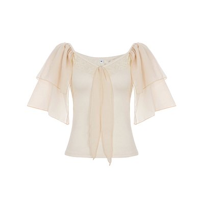 WEEKEEP 法式纯欲V领蕾丝拼接系带短袖T恤女百搭修身网纱飞袖上衣