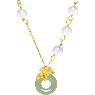 六桂福珠宝和田玉平安扣项链纯银女银杏叶送女友妇女节礼物