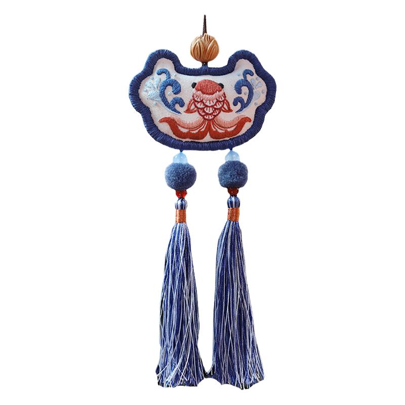 花暖蓮年有魚余錦鯉平安鎖毛球流蘇手工刺繡DIY材料包項(xiàng)鏈車掛鑰