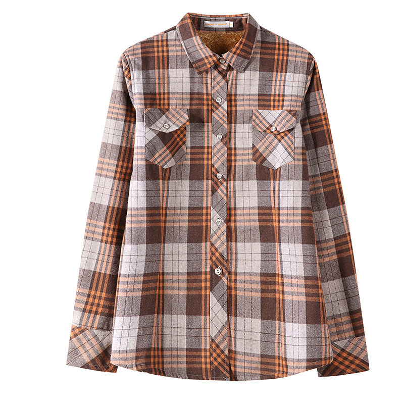 秋冬新款女式大码衬衫女装韩版加绒加厚纯棉保暖修身格子打底衬衣