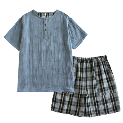 【超软色织棉纱睡衣】春夏全棉双层纱家居服套装男士纯棉363