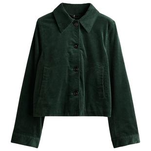 HM女装短外套冬季棉质灯芯绒法式宽松有领开衫1301269