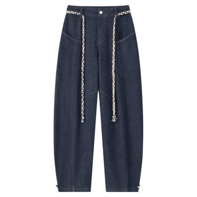 ACMEAURA 蓝色宽松直筒弯刀裤慵懒风显瘦百搭阔腿牛仔裤女 送腰带