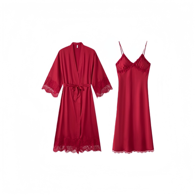 红色真丝睡裙睡衣蕾丝吊带长睡裙