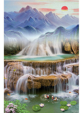 流水生财山水画旭日东升瀑布挂画鸳鸯锦鲤聚宝盆客厅玄关装饰画