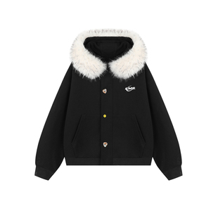 lemanism潮牌卡通小熊耳朵毛领夹克男2025秋冬情侣款扣子外套女