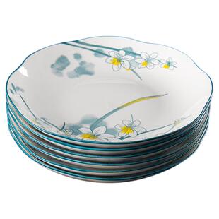 水仙花8英寸家用陶瓷盘子釉下彩微波炉可用高级感菜盘花瓣盘餐具