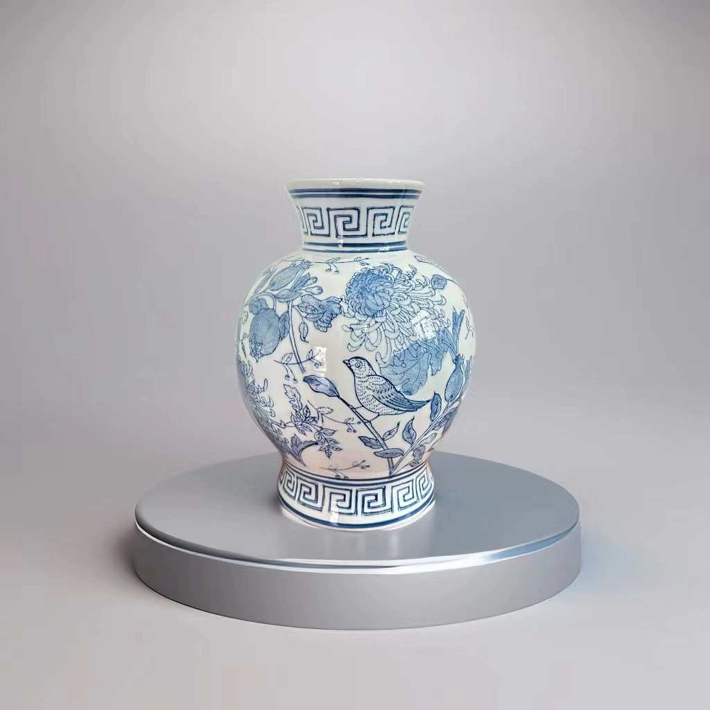 新中式复古青花瓷花瓶摆件客厅桌面电视柜陶瓷花器摆设干花插花瓶