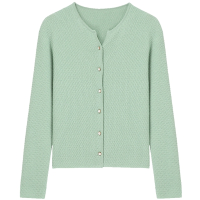 布景针织开衫女春季新品简约文艺半开领纯羊毛外套毛衣羊毛衫1116