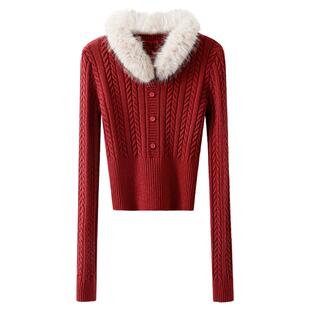 夕蒙2025新款冬季韩系巨好看气质上衣修身小众毛领套头新年毛衣女