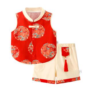 龙喜年周岁礼服男宝红色新中式国风纯棉抓周百天百岁宴衣服夏款