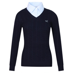 LK STORE LKOD2025条纹衬衣领od字母毛衣v领假两件长袖针织修身女