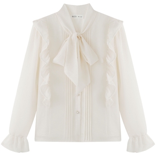 慕兔法式高级感雪纺上衣女2025秋季新款设计感小众长袖蝴蝶结衬衫