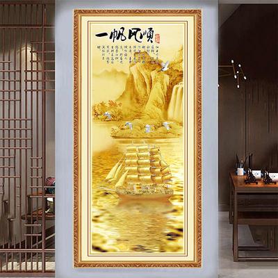 一帆风顺山水自粘油画布墙贴壁画纸中式风景流水生财竖玄关装饰画