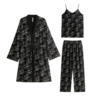 家乐芬睡衣女睡袍春秋款莫代尔长袖高级感复古风长款吊带三件套装