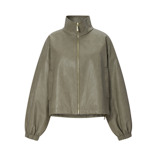 BCBG秋冬女装设计感百搭落肩灯笼袖涂层环保皮革短款皮衣外套短款