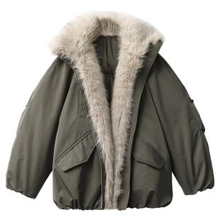 现货CV大码女装环保皮草拼接毛领派克服巴恩风羽绒服外套保暖女