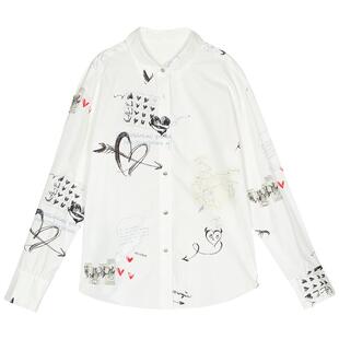 谜底印花衬衫长袖女2025春新品通勤风复古花色宽松衬衣251MC0087