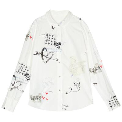 谜底印花衬衫长袖女2025春新品通勤风复古花色宽松衬衣251MC0087