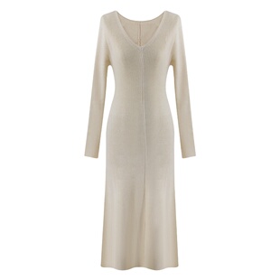 SYT通勤百搭 温柔显白针织连衣裙女秋冬新款V领修身显瘦打底长裙