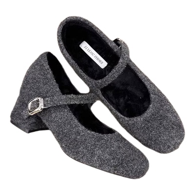 内增高粗跟玛丽珍鞋加绒浅口单鞋