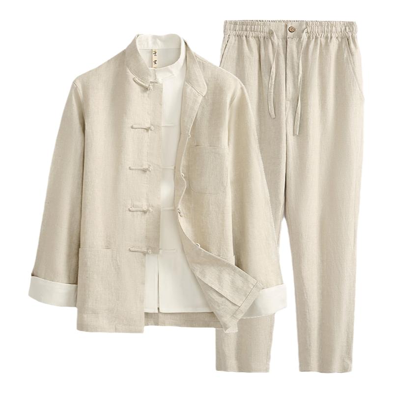 纯亚麻唐装男长袖两件套套装中国风春秋季男士外套中式男装汉服男