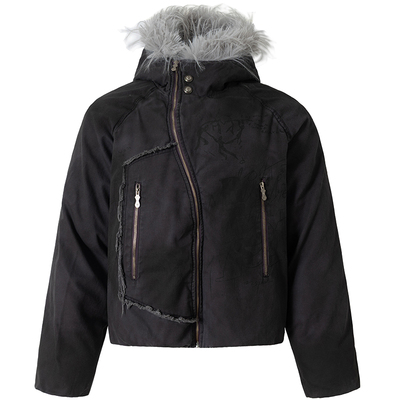 原创美式朋克斜拉链设计毛领棉服