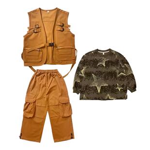 儿童街舞演出服潮酷女童嘻哈hiphop炸街马甲套装男童架子鼓表演服