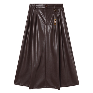 白鹿语高级感防皮料半身裙25秋冬新款高腰显瘦气质长款伞裙A字裙