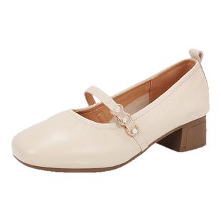 红粉知己粗跟时尚玛丽珍女鞋2026春季法式复古小皮鞋软底方头单鞋