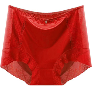150-250斤女加肥加大码200斤胖MM高腰性感蕾丝缎面内裤本命年红色