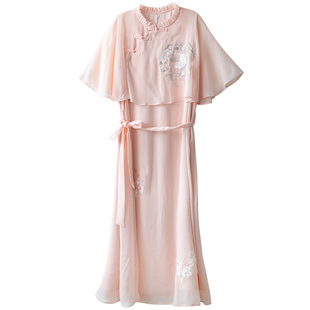 江南范斗篷旗袍年轻款新式改良假两件系带中式连衣裙a摆日常可穿