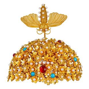 宫廷质造手工古法黄金隋朝李静训闹蛾金钗花冠碧玺镶嵌头冠发饰