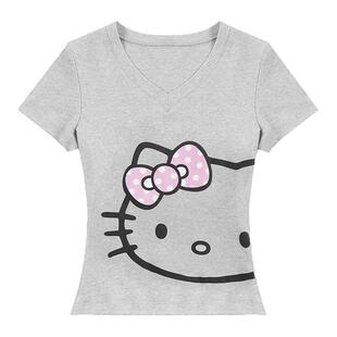 FDR官方店 撞色波点kitty猫V领短袖女夏季辣妹正肩显瘦修身t恤