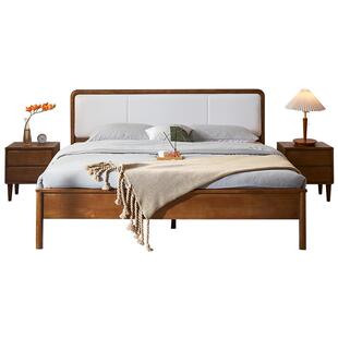 全友家居黑胡桃色新中式1米8双人实木床卧室小户型软包1米5单人床