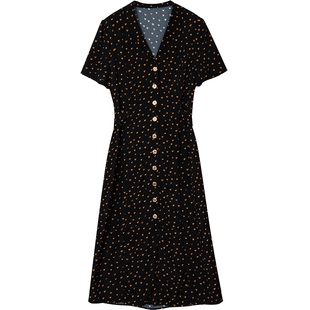 URLAZH有兰夏季新款黑色气质温柔复古法式印花修身长款连衣裙女