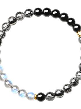 天然黑曜石手串黑发晶灰月光手链