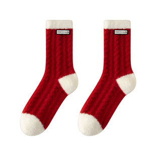 珊瑚绒红袜子女款冬季加厚加绒厚袜保暖马年本命年冬天居家睡眠袜