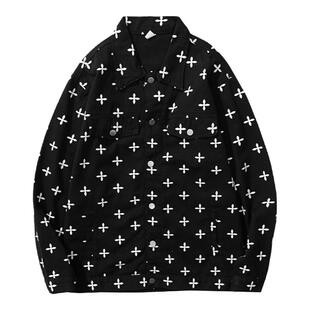 BOYUE帛跃十字架满印牛仔外套男士潮牌日系复古水洗高街夹克上衣