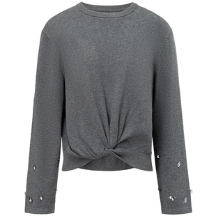 FF仿佛针织衫2025秋季新款珠钻设计女扭结格雷系灰