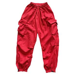 辣妹红色休闲宽松工装裤女jazz爵士跳舞服穿搭春秋hiphop街舞套装