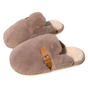 细细条 休闲防滑情侣居家包头毛毛鞋复古风皮带扣冬季棉拖鞋男女